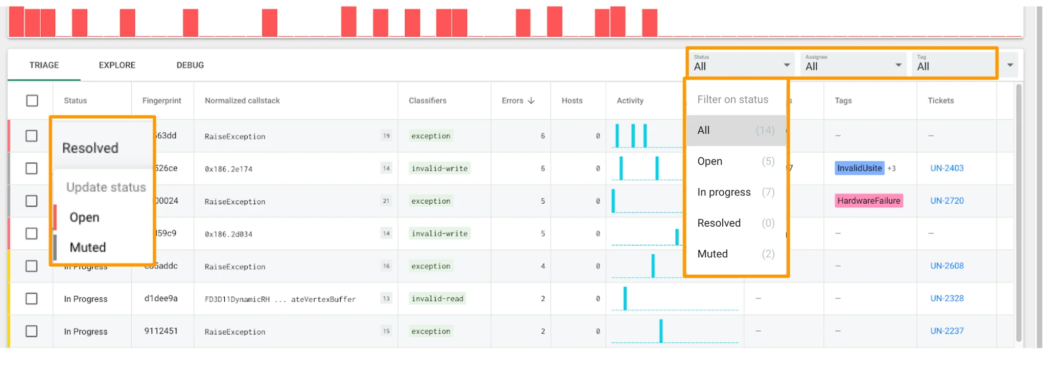 Shows different actions available in the Triage view, such as assigning to an engineer, linking to Jira issue, marking as Resolved or Muted.