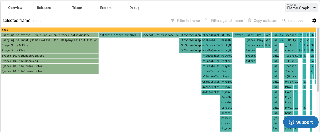 Shows an example flame graph of real instability data of our object store from development, experimental and production release channels.