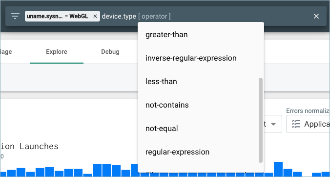 Shows how to use the filter bar to search for attributes with operators.