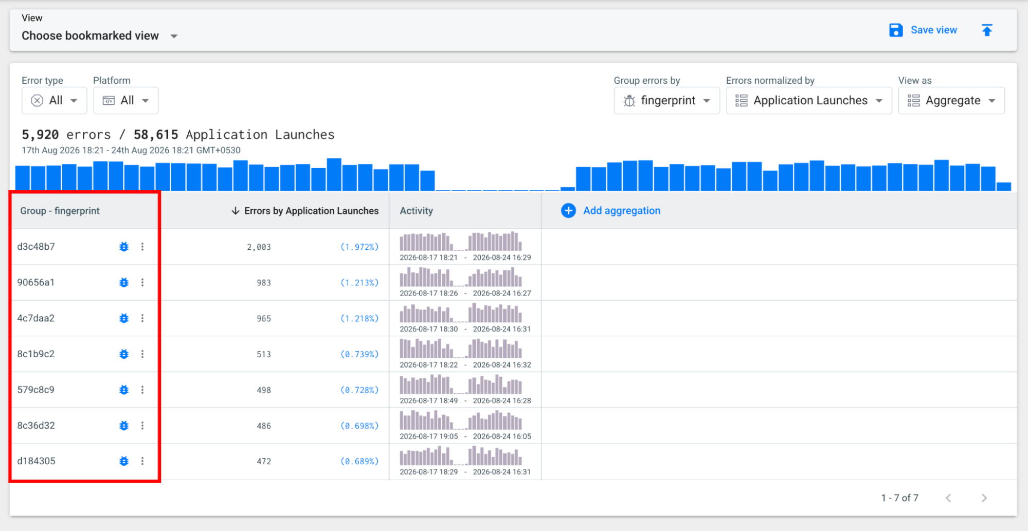 Shows the Explore view used to query your crash and error data.