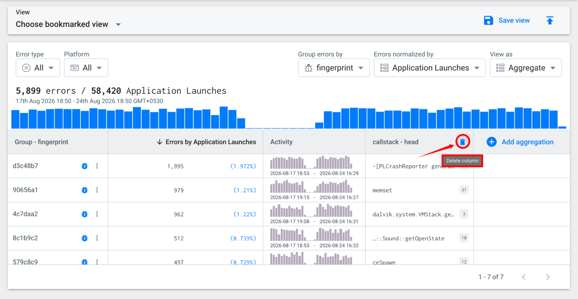 Shows the Explore view used to query your crash and error data.