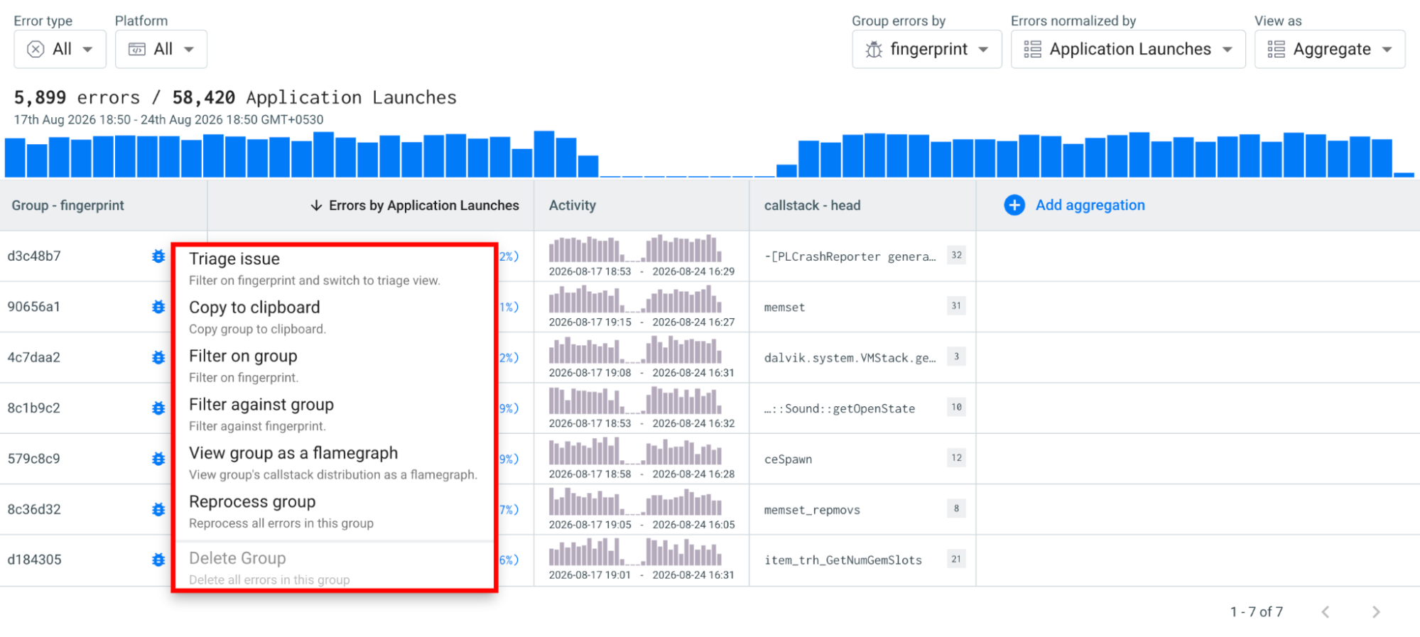 Shows the Explore view used to query your crash and error data.