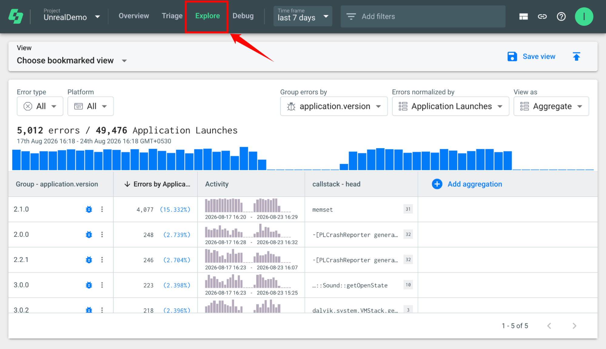 Shows the Explore view used to query your crash and error data.