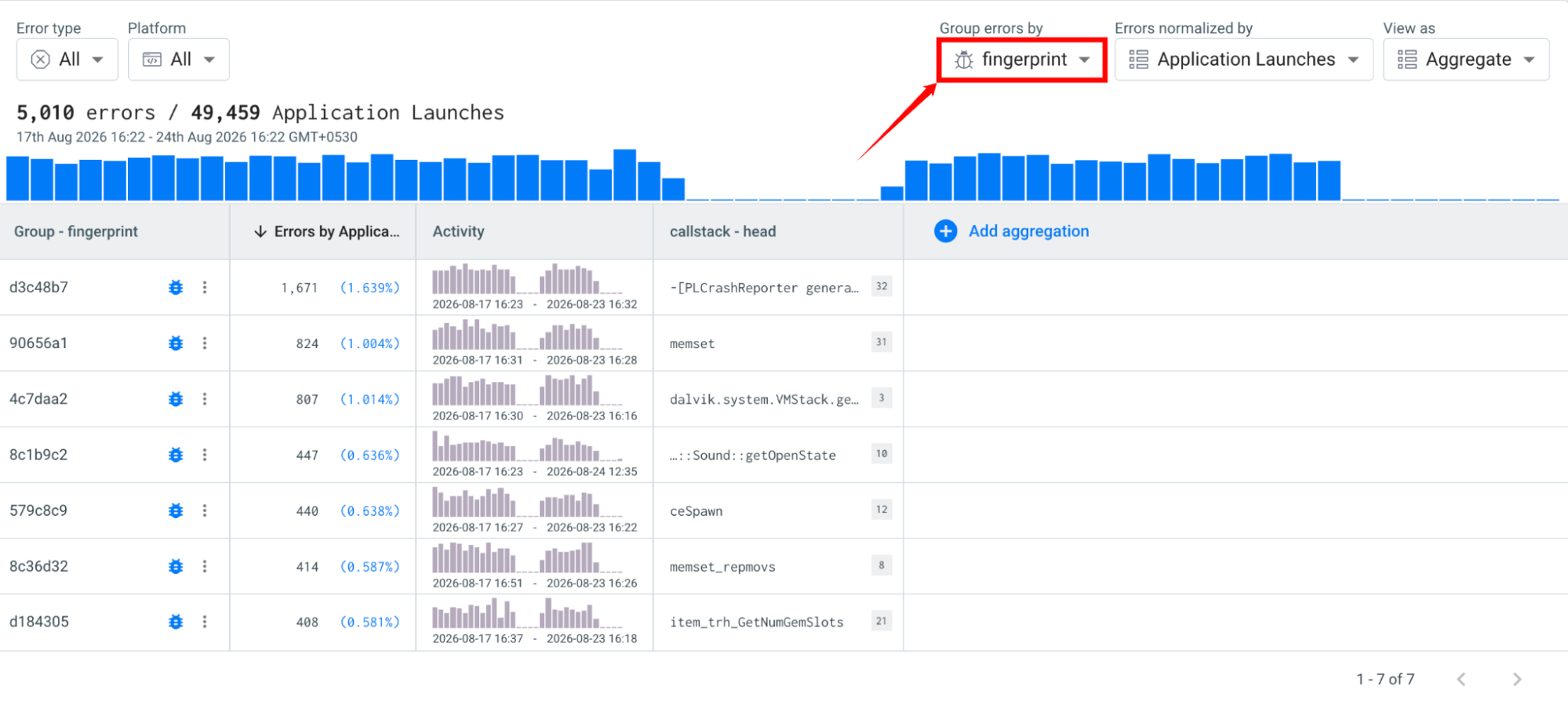 Shows the Explore view used to query your crash and error data.