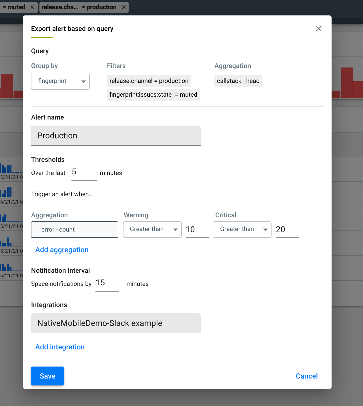 Shows the configuration settings to create an alert based on a query.