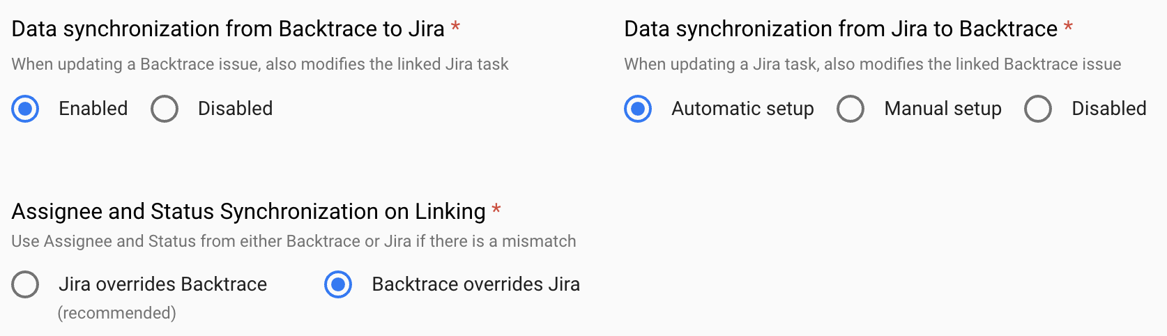 Shows how to enable two-way sync from Backtrace and Jira.