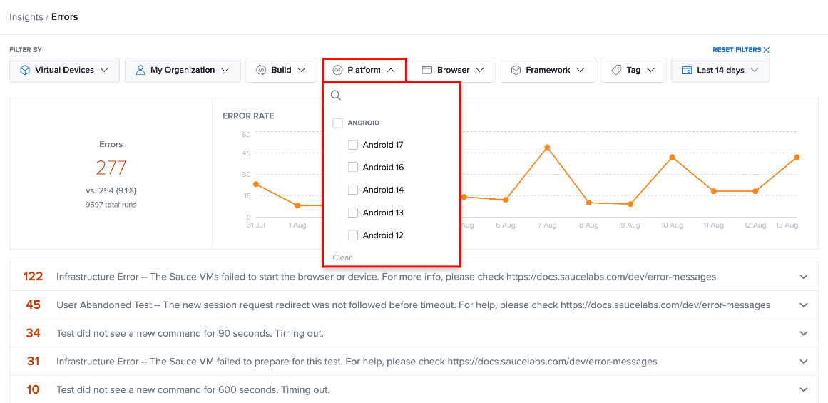 Filter Controls for Error Tracking