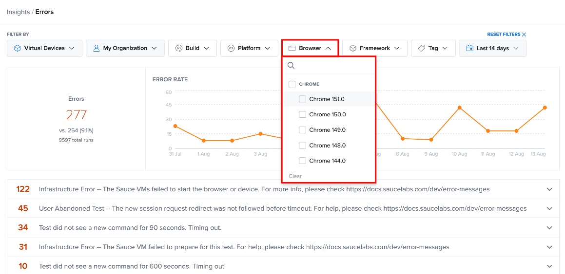 Filter Controls for Error Tracking