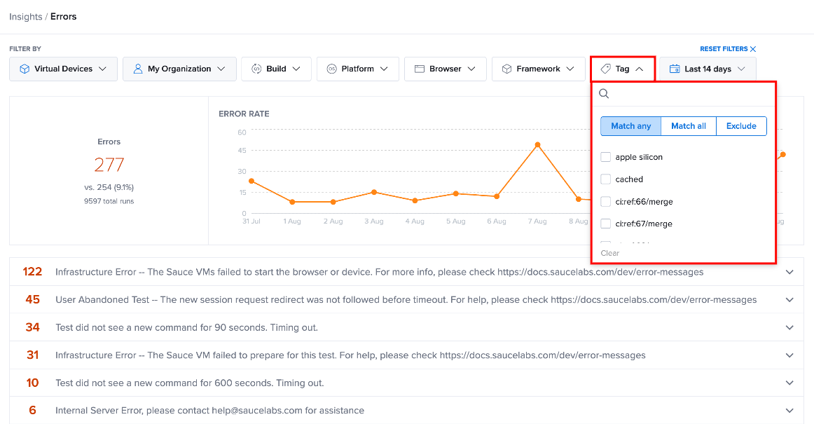 Filter Controls for Error Tracking