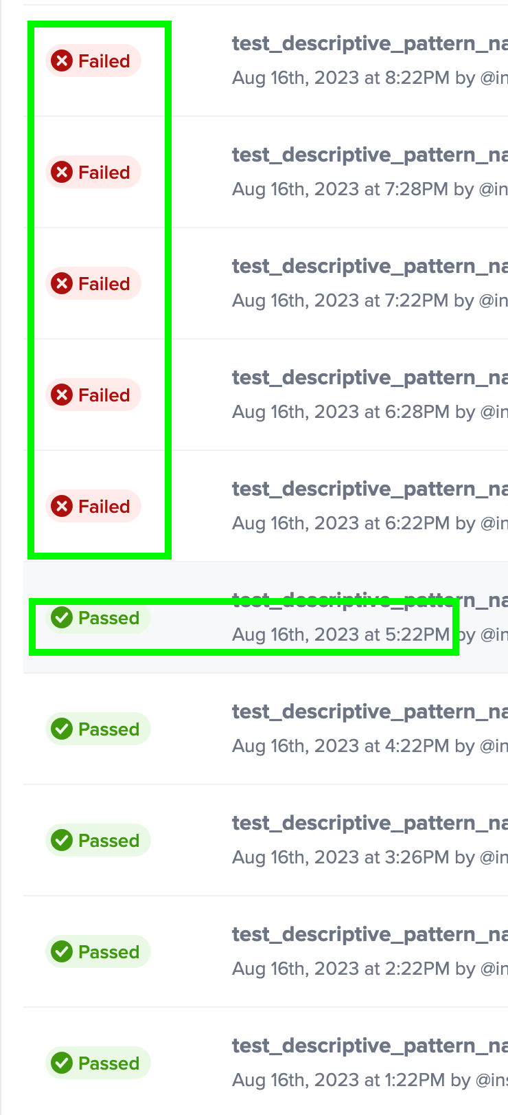 Test details showing when the test starts failing