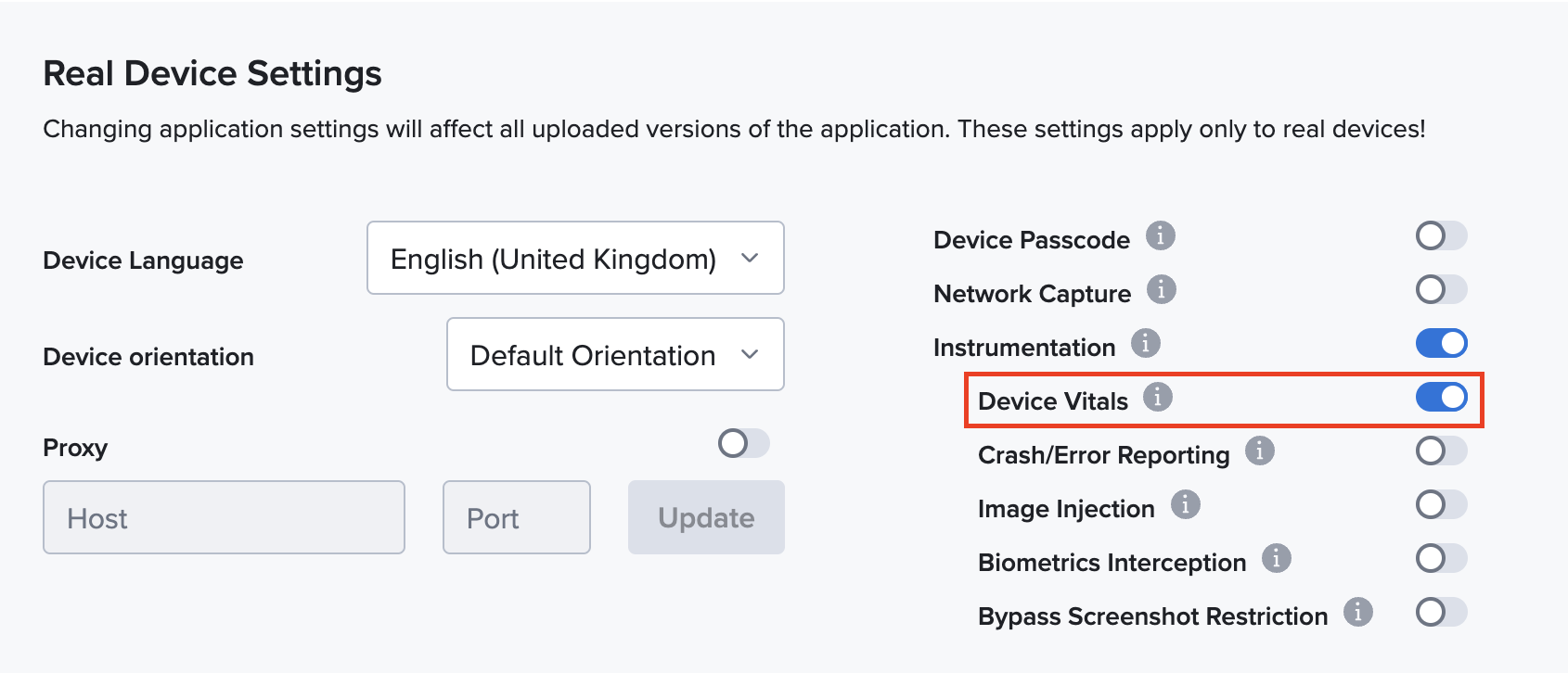 Device Vitals App Setting