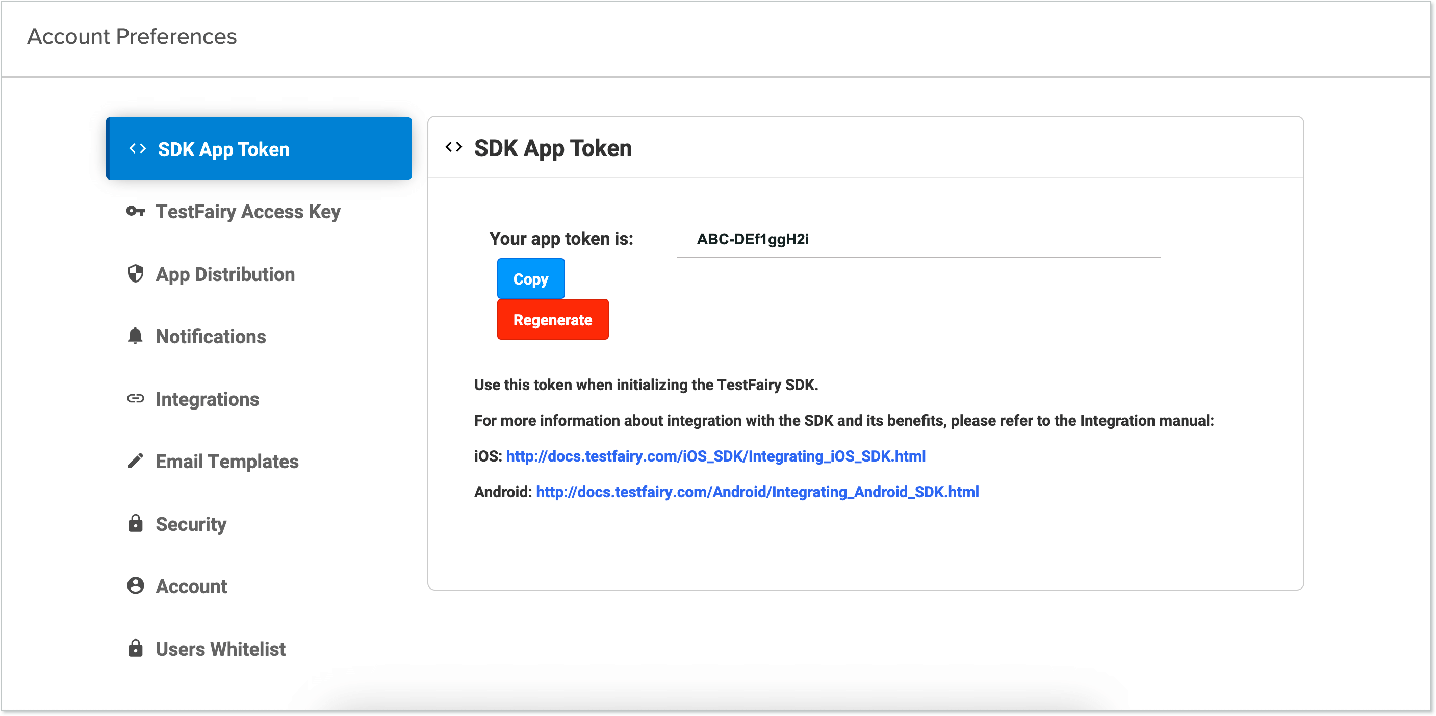 SDK App Token page