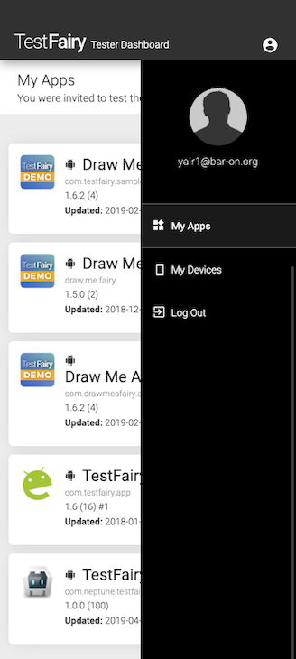 testers android dasboard menu